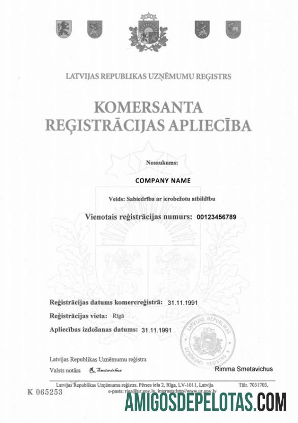 Exemplo de certificado de registro da Letônia